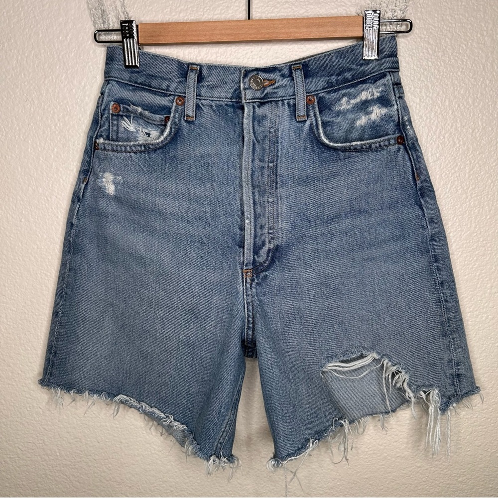 AGOLDE Light Blue Distressed High-Rise Jean Shorts